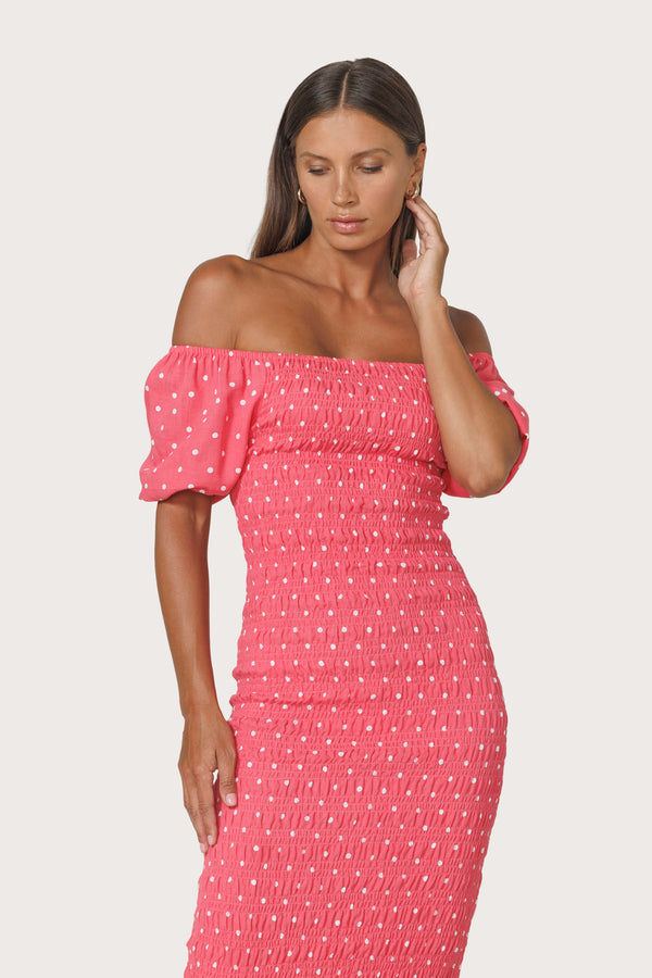 Tina Shirred Linen Maxi Dress in French Spot