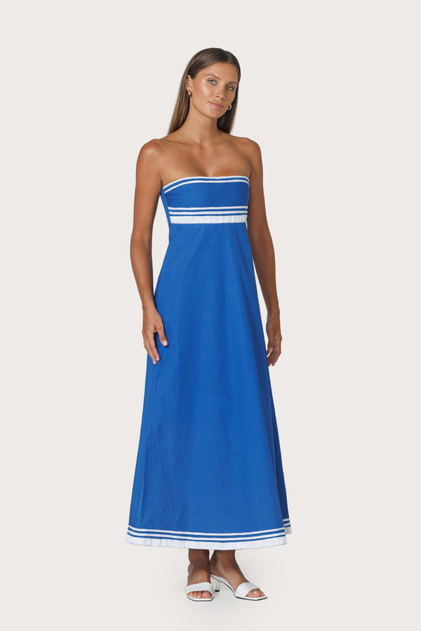 Etta Embroidered Poplin Dress in Sapphire Stripe