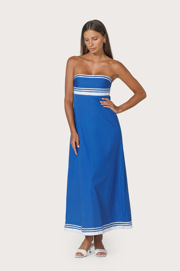 Etta Embroidered Poplin Dress in Sapphire Stripe