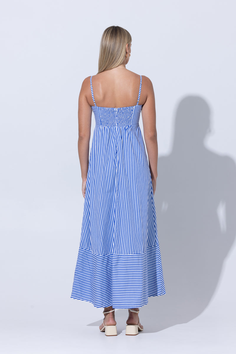 Tashi Poplin Maxi Dress in Lapis Stripe