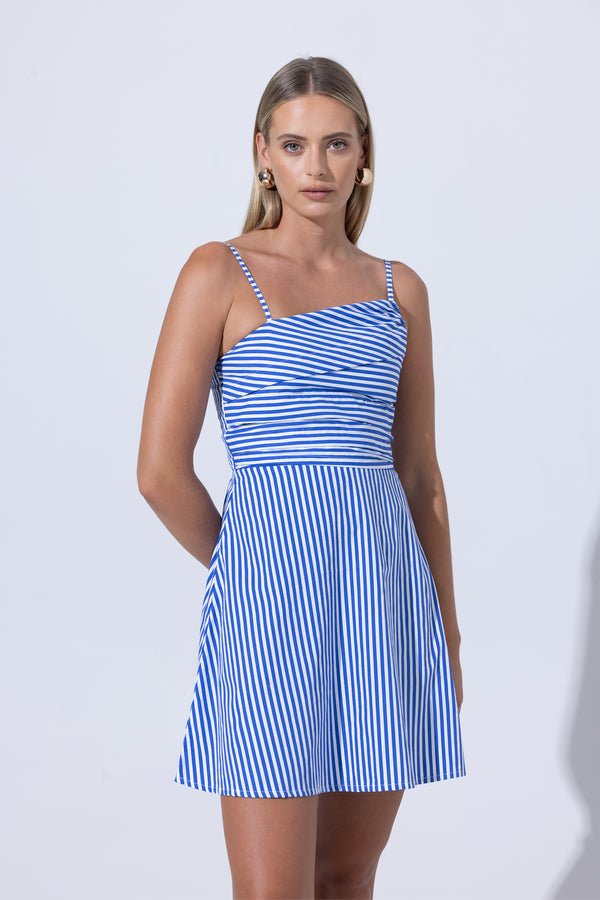 Phillipa Poplin Mini Dress in Lapis Stripe