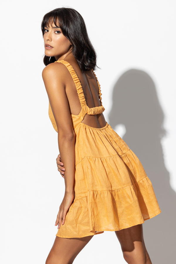 Kyra Linen Mini Dress in Tangelo Linen - Final Sale