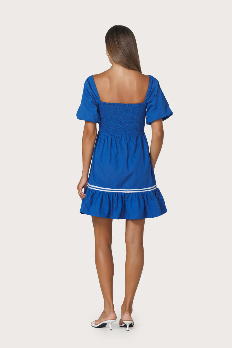 Nina Embroidered Poplin Dress in Sapphire Stripe