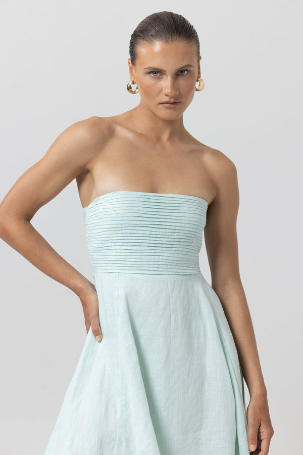 Daisey Strapless Linen Midi Dress in Shimmer