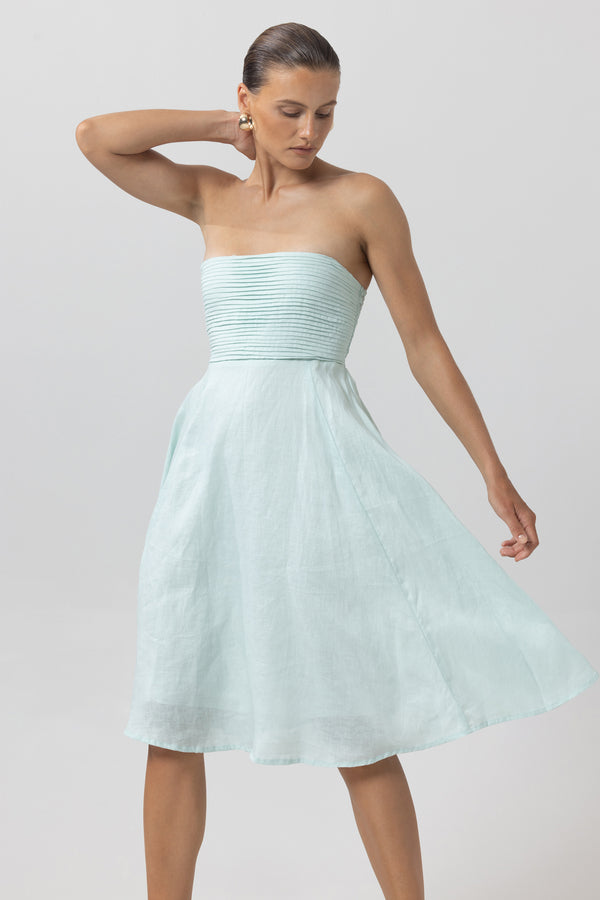 Daisey Strapless Linen Midi Dress in Shimmer