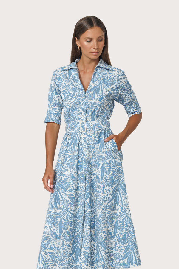 Chrissie Belted Maxi Poplin Dress in Botanical
