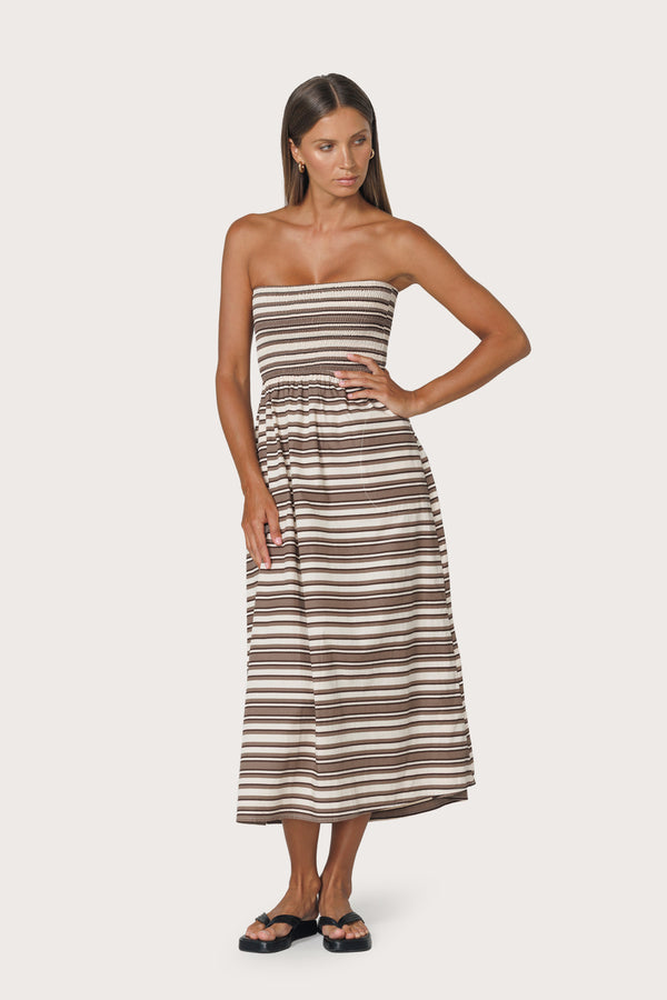 Dion Strapless Poplin Dress in Beachmark Stripe