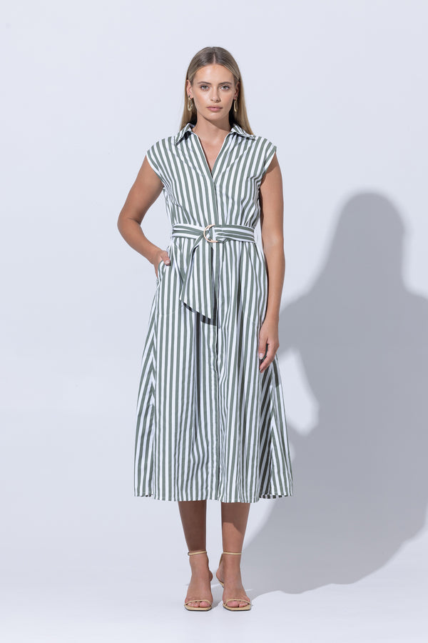 Chloe Poplin Shirt Dress in Olive Stripe