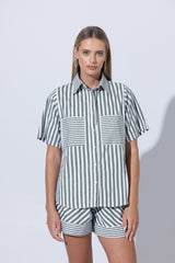 Matteo Poplin Shirt in Olive Stripe