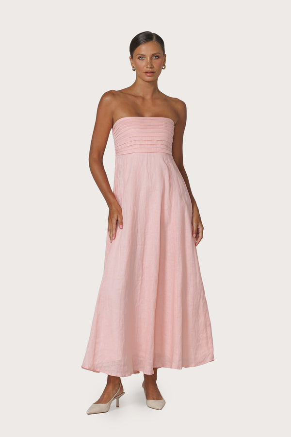 Talia Pintuck Linen Maxi Dress in Pink Lady