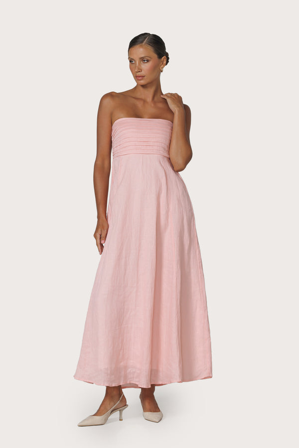 Talia Pintuck Linen Maxi Dress in Pink Lady