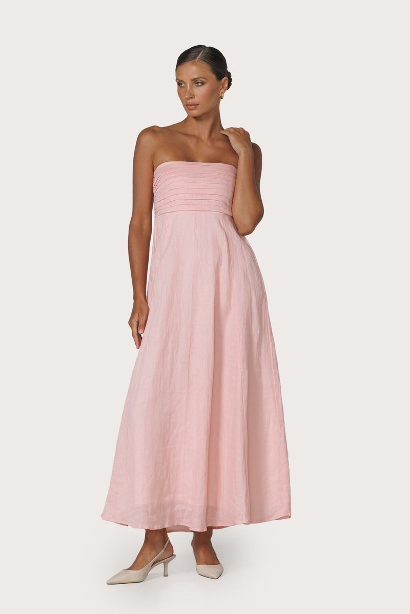 Talia Pintuck Linen Maxi Dress in Pink Lady