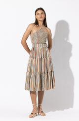 Arlen Belted Crepe Midi Dress in Crystal Stripe