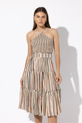 Arlen Belted Crepe Midi Dress in Crystal Stripe