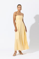 Talia Linen Pintuck Maxi Dress in Lemon