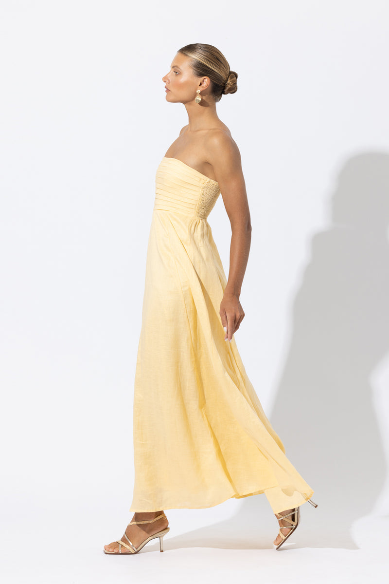 Talia Linen Pintuck Maxi Dress in Lemon