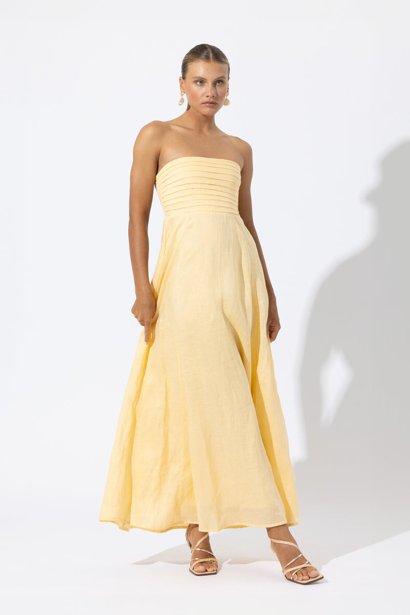 Talia Linen Pintuck Maxi Dress in Lemon