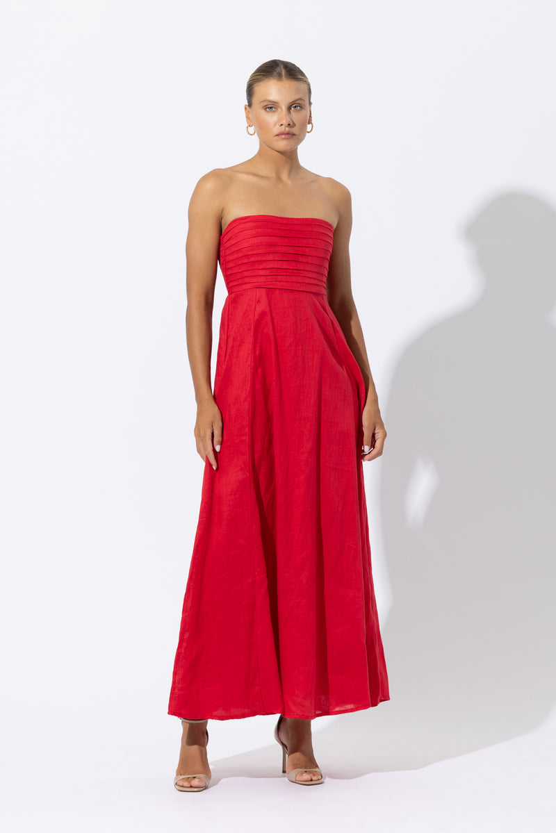 Talia Linen Pintuck Maxi Dress in Radiant Red