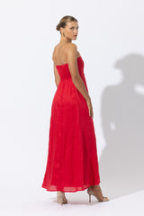 Talia Linen Pintuck Maxi Dress in Radiant Red