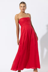 Talia Linen Pintuck Maxi Dress in Radiant Red